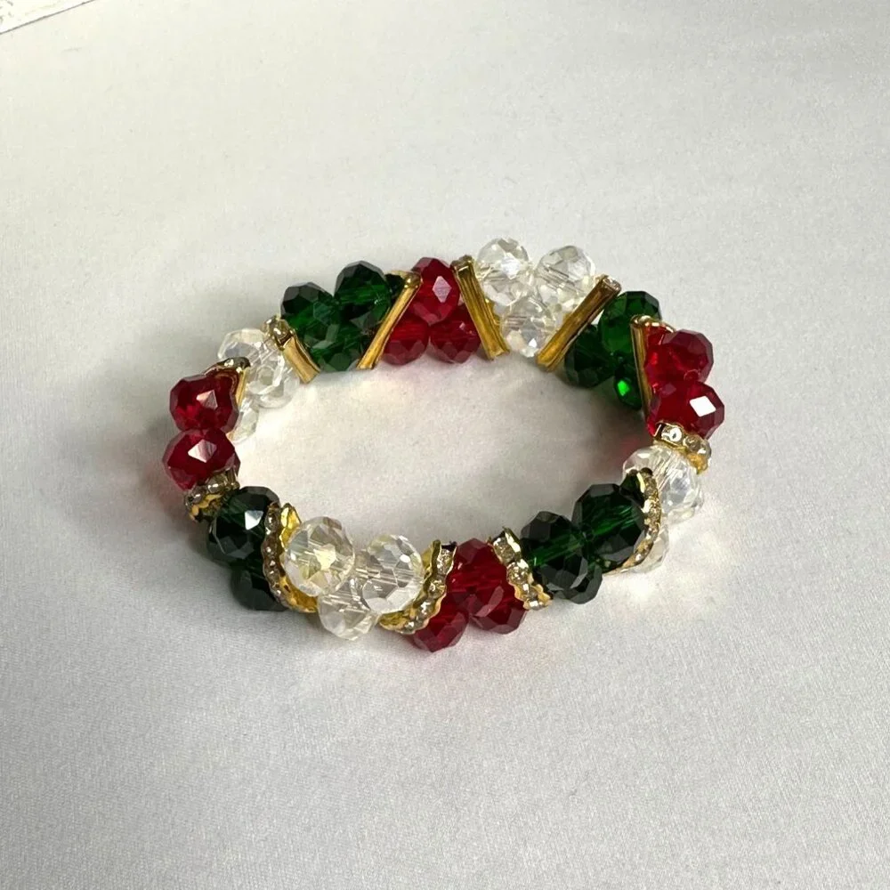 Holiday-Inspired Stretch Bracelet With Red Green & Clear Beaded Design Golden - Picture 2 of 6